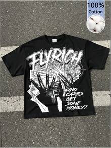 Plus Size Men's "Fly Rich" Graphic Print Casual Soft Short Sleeve Pure Cotton 220gsm T-Shirt - màu đen - Xem 1