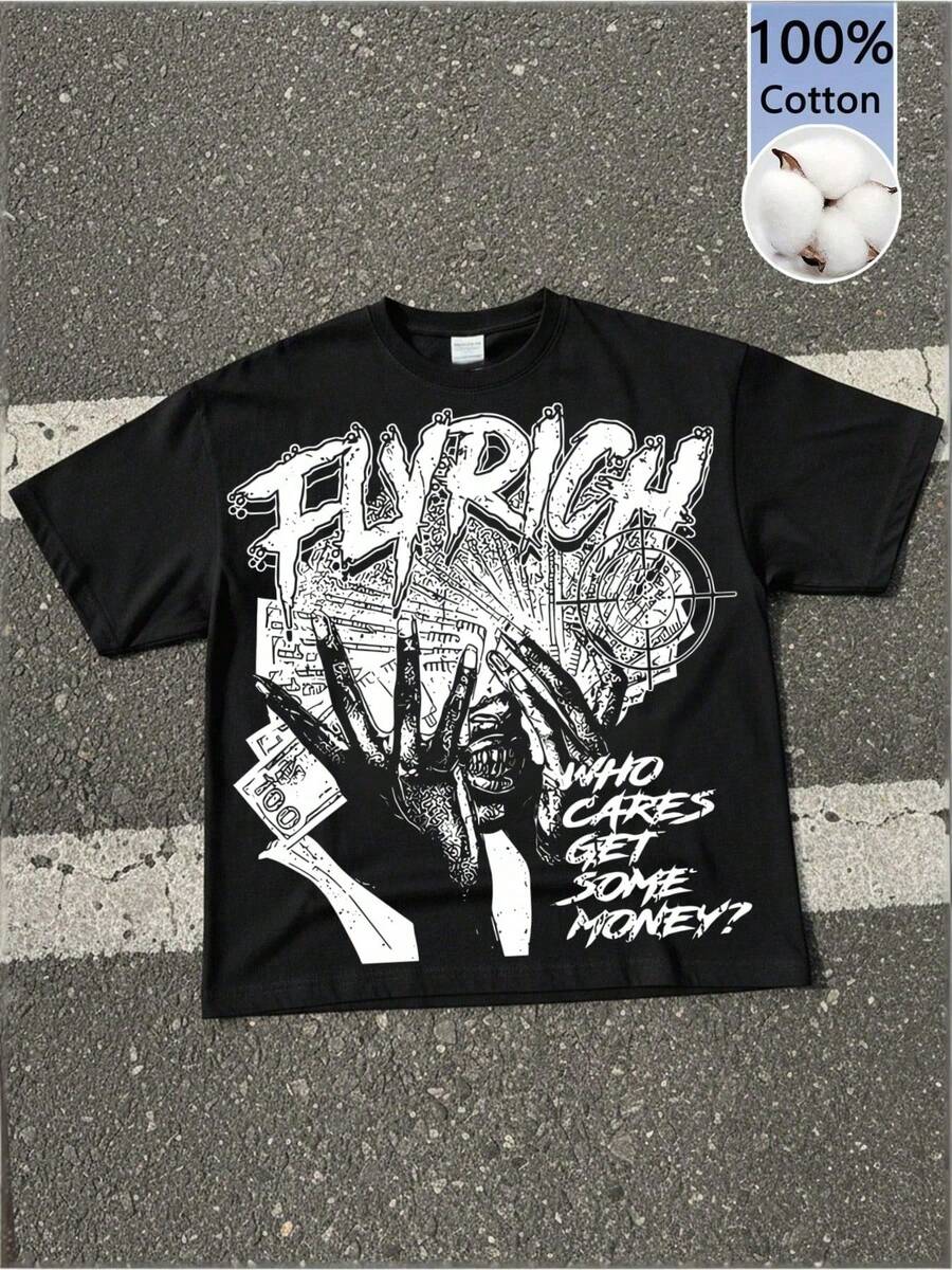 Plus Size Men's "Fly Rich" Graphic Print Casual Soft Short Sleeve Pure Cotton 220gsm T-Shirt - màu đen - Xem 1