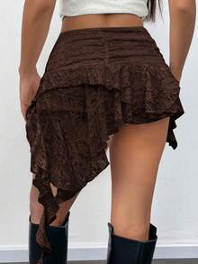 Women Y2K Lace Mini Skirt Low Rise Pleated Ruffle Asymmetrical Layered Fairy Short Skirt - 咖啡棕 - 查看 4