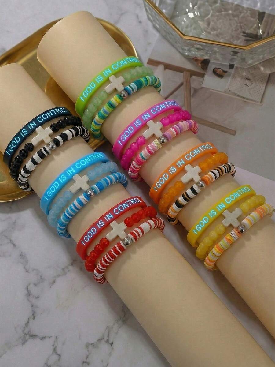 ZIRUISP 3pcs Cross Pendant Bracelet Set, God's Hand Control Silicone Bracelet, Glow-In-The-Dark Bracelet, Polymer Clay Bracelet, Glow-In-The-Dark Boho Y2K Style Jewelry, Christian Faith Prayer Gift For Boyfriend, Girlfriend, Best Friend - Three-piece Glow-in-the-dark Bracelet Set - View 1