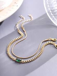 2pcs/Set Multi-Layer Gold Snake Chain Bracelet With Sparkling Green Rectangular Zirconia Stones, Layered Bracelet Jewelry Gift For Women - Yellow Gold - View 5