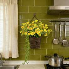 Artificial Flower Basket Realistic Faux Daisy Front Door Wreath Fake Hanging Floral Decorations For Farmhouse Home Holiday - 黃色 - 查看 2