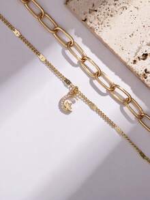 2 pezzi/set Elegante e casual set di cavigliere doppie con pendente a stella e luna in zirconia color oro, stile medio orientale, adatto per donne in occasioni di vacanza e tempo libero - Oro giallo - Visualizzare 4