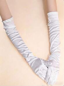 1 paire de gants longs de cérémonie en satin, convenant pour les occasions spéciales - Blanc-GC14623 - Voir 1