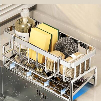 1个防锈厨房水槽收纳架，带毛巾杆和滴水盘，可放置海绵，适用于厨房水槽，防锈碳钢材质，厨房水槽配件