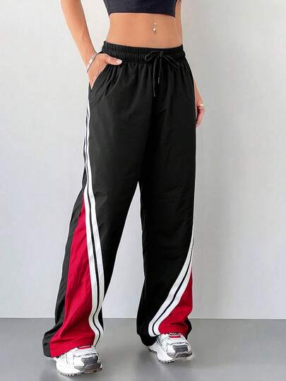 Women's Casual Straight Leg Drawstring Waist Pants, Suitable For Spring And Summer Sports And Leisure Wear, Color Block Design, Fashion Minimalist Style, Nylon Fabric, Breathable And Moisture-Wicking.