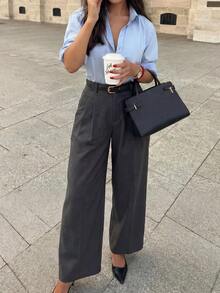 Quần ống rộng thanh lịch dành cho nữ, màu xám đậm, có thắt lưng, thích hợp cho việc đi làm và mặc hàng ngày, mùa xuân/hè. - Màu xám đen - Xem 6