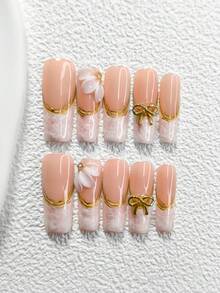 10pcs Romantic French Manicure Stickers, Handmade Nail Art Set, Gold Bow Nail Decor, "White Moonlight" Nail Art, Handmade Floral Artistic Decor, Gold-Plated White Spiral Pattern Gel Manicure, 3 Sizes Available: Almond, Duck Mouth, Coffin, Includes Tool Kit, Suitable For Women And Girls, Suitable For Parties, Celebrations, Birthdays, Weddings, Daily Wear Nails Nail Supplies Handmade Press On Nails - 彩色 - 查看 13