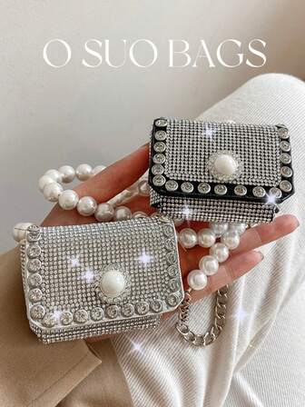 1pc Silver Mini Coin Purse With Pearl Chain Decor & Rhinestone, Spring/Summer