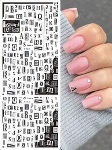 2pcs Retro Letter Nail Art Stickers, Self-Adhesive 3D Nail Stickers, Black Letter Nail Art Decals, Nail Art Accessories, Women DIY - 彩色 - 查看 2