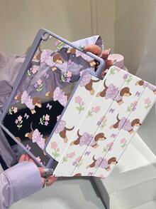 1个可爱卡通紫色小狗和花朵图案双面亚克力透明水晶后盖，防震，适用于iPad 7、8、10代（10.2英寸），内置笔槽，支持睡眠/唤醒功能，是理想的圣诞节和新年礼物