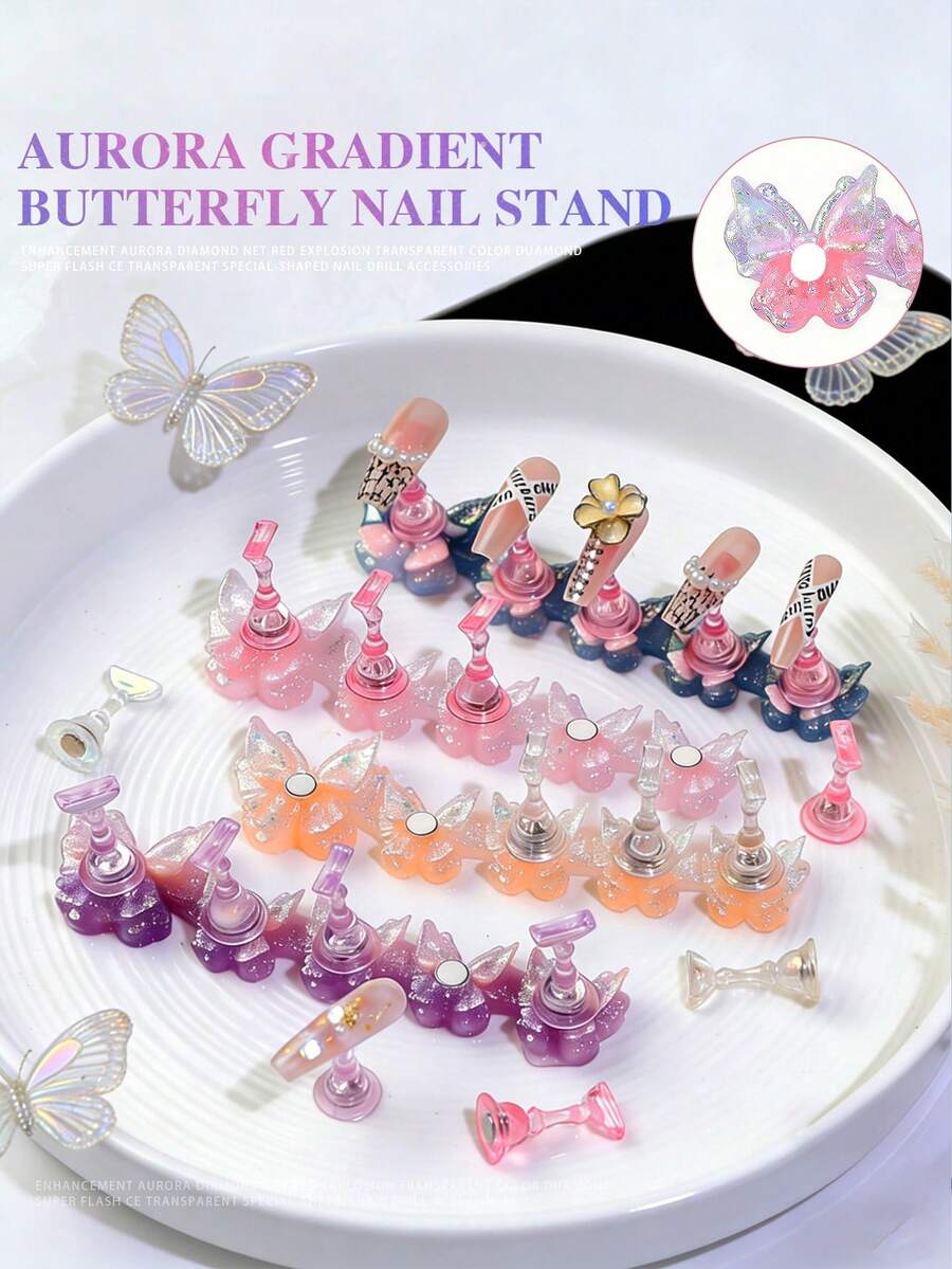 1set Aurora Butterfly Nail Display Stands, Press-On Nail Display Stand, Magnetic Nail Stand, Suitable For Nail Practice, Beginner Acrylic Nail Kit Accessories, Press-On Nail Design, Nail Salon Equipment And Decorations, Used For Nail Art Display And Practice. - Multicolor - View 1