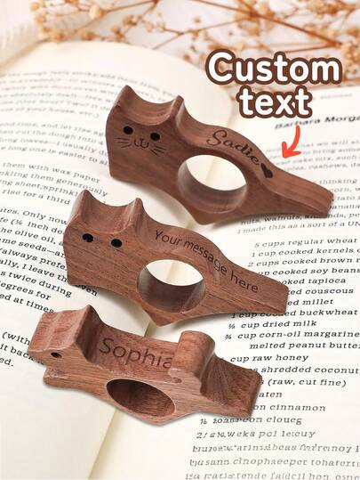 1 Stück individueller Holz-Daumenblatthalter, Hund & Katze Design, graviertes Geschenk für Buchliebhaber, ideal für Geburtstage und Jahrestags-Feiern