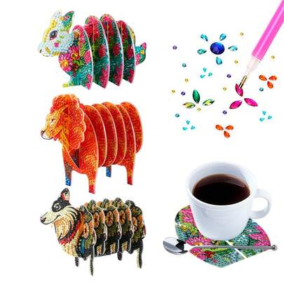 1pc DIY Diamond Painting Coaster, Rabbit, Lion, Wolf Shaped Pattern Art Anti-Slip Cup Mat, Diamond Painting Coaster Craft Kit Suitable For Adults, Office, Tea House, Home