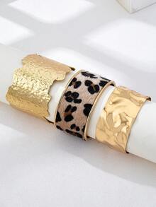 3pcs/Set Fashionable Geometric Leopard Print Metal Bangle Bracelet Set For Women, Everyday Wear - Yellow Gold - View 4