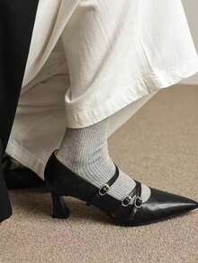 Chaussures Babies à bout pointu vintage pour femmes, talon haut épais à double boucle, élégantes escarpins pour dame, noir - Noir - Voir 2