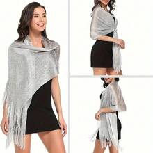 1件伊斯兰头巾包头巾时尚亮丽大披肩沙滩巾防晒披肩头巾金银色闪亮围巾女士蕾丝流苏派对晚礼服围巾 - 彩色 - 查看 5