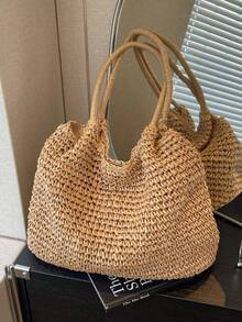时尚草编手提包，大容量沙滩包，时尚女士手提包，夏季单肩包 - 卡其色 - 查看 2