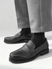 Salkin Fashionable Minimalist Men's Slip-On Penny Loafers, Gentleman Leather Brogues, Pointed Toe Business Formal Dress Shoes, Black Solid Color, Non-Slip Durable Sole, Suitable For Daily, Party, Wedding, Social Occasions, Spring/Summer/Autumn. Size Runs Large, Please Order One Size Down. - Black - View 9