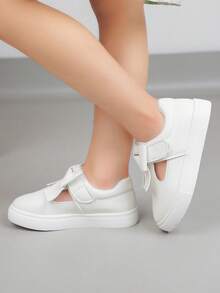 1 Pair Girls' Casual Sneakers, 2026 New Versatile Low-Top Canvas Shoes With Hollow Bowknot, PU Material, Suitable For Daily, School, Sports, Outdoor Wear - White - View 6