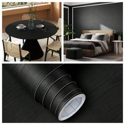 1 Roll Of Premium Black Wood Grain Self-Adhesive Wallpaper For Bedroom Background Wall Decoration, Wallpaper For Furniture Desktop Renovation Easy To Stick Waterproof Wallpaper Tv Background Wall Decoration, Wall Stickers, Furniture Cabinet Doors Renovation, Wallpaper Vinyl Thick Paper Is Durable, Easy To Install, And Removable. It Is A 15.7inx39.3/118.1/196.8in Kitchen Sticker