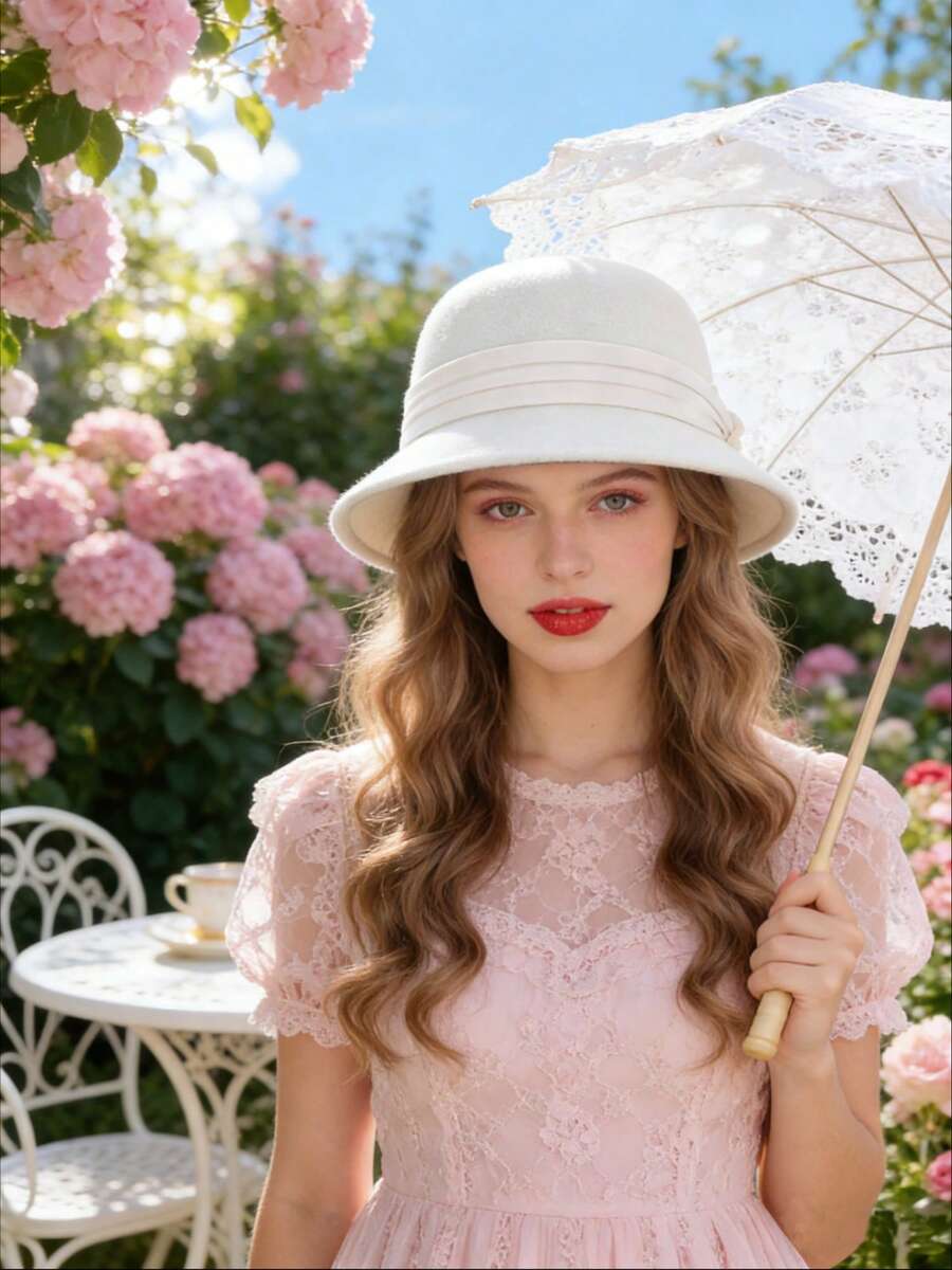 Sombrero cloche elegante de lana para mujer con banda blanca y adornos, gorra estilo pescador vintage para bodas y fiestas. - Blanco - Ver 1