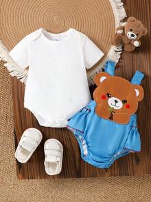 2pcs Baby Girls Cute Solid White Short Sleeve T-Shirt + Bear Graphic Suspender Shorts, Summer Vacation Style - White - View 3