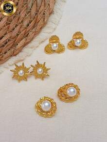 Retro Gold Stainless Steel Pearl Earrings Floral Sunburst Pattern Luxury Niche Earring Set (3 PiecesWomen's New Waterproof Jewelry Stainless Steel Jewelry Women's Jewelry Birthday Gift Holiday Gift Valentine's Day Valentine's Day - Multicolor - View 5