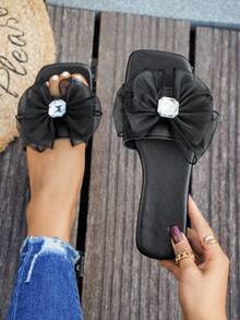 New Women's Black Bowknot Rhinestone Decor Comfortable Soft Versatile Flat Sandals, Spring/Summer - Black - View 4