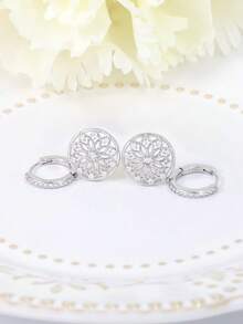 925 Sterling Silver Cubic Zirconia Flower Hoop Earrings, Hypoallergenic Elegant Earrings For Women, Daily Wear Birthday Gift - Silver - View 4
