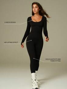 UONNOU Jumpsuit Olahraga Bergaris Pengangkat Bokong Bentuk Buah Persik, Bodysuit Yoga Lengan Panjang Leher Persegi untuk Musim Gugur dan Musim Dingin - Hitam - View 3
