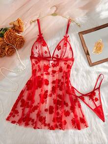 2件套女士性感花卉网纱前开襟睡衣睡袍套装，适合约会、度假、派对等场合的内衣套装 - 紅色 - 查看 4