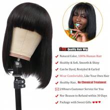 Tóc giả bob bằng tóc thật có mái, dễ đội, không cần keo dán, tóc giả thẳng bằng máy, độ dày 180%, màu đen có mái dành cho nữ. - Natural Black - Xem 11