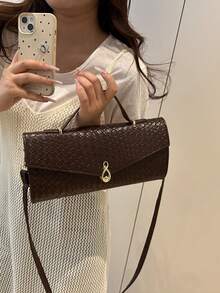Woven Texture Vintage Design Casual Chic New Clasp Closure Casual Women Shoulder Handbag - Coffee - View 2