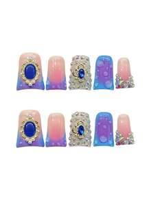10Pcs Pink Blue Gradient Fake Nails With Rhinestone Design For Party Wedding Daily Wear Nail Supplies - Multicolor - View 5