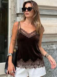 优雅女士复古缎面蕾丝天鹅绒性感吊带露背短款上衣夏季 - 咖啡棕 - 查看 2