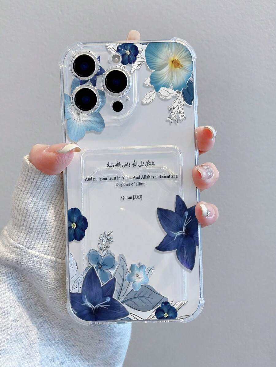 1pc Blue Lily Flower Pattern, TPU Transparent Anti-Drop Phone Protective Case, Can Be Given As Holiday Gift, Suitable For IPhone XS/XS Max/XR/11 12 13 14 15 16 Pro/17/Pro Max/14 15 16 Plus/17, Card & Photo Holder - Clear - View 1