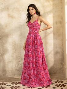 Faeriesty 优雅吊带长裙：精致印花雪纺长裙，飘逸垂坠，可调节肩带，侧开衩设计——完美适用于婚礼宾客、新娘写真、花园婚礼、浪漫之旅、正式场合及春季派对。 - 玫紅色 - 查看 4