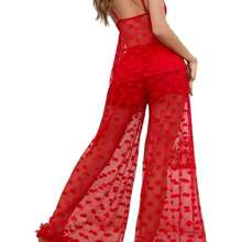 Valentine's Day Gift For Women,Red Heart - Print Lace Cami And Wide - Leg Pajama Set, Sexy Sleepwear For Women - 紅色 - 查看 6