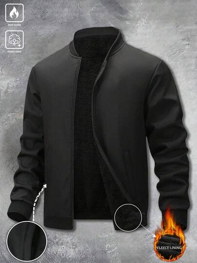 Men's Outdoor Casual Solid Color Baseball Collar Thermal Lined Thick Jacket, Suitable For Hiking, Fishing, Running, Leisure Outdoor, Mountaineering, Great Gift For Boyfriend, Husband, Father