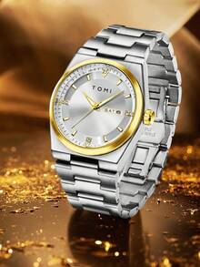 TOMI 男士腕表，配有表冠胸针、戒指、拆卸工具，简约设计，圆形表盘镶嵌钻石，锌合金表带，石英机芯，礼盒包装，适合日常生活、商务场合、父亲节、情人节、圣诞节等场合佩戴。 - 銀色 - 查看 2