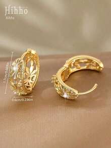 Hihho 1pair Vintage Copper Inlaid Zirconia Hollow Geometric Circle Design Earrings With Retro Patterns For Women, Fashionable Ear Decorations And Festival Gifts - 金黃色 - 查看 6