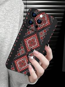 红白传统刺绣图案手机壳：时尚、流行、个性化，经典黑色图案设计主题，奢华防震，美观可爱，镜头凸起保护，兼容 17/17Pro/17Pro Max、16、15、14、13、12、11 Plus/Pro Max 及系列，以及 Galaxy S/A 系列，复活节礼物，生日装饰/礼物，送给女朋友、男朋友、朋友或自己 - 黑色 - 查看 3