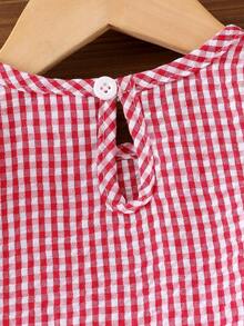 Baby Girl 2pcs Set Plaid Patchwork Ruffle Bow Sleeveless Top And Elastic Waist Bowknot Denim Pants Outfit - Red - View 6