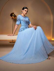 Elegant 2 In 1 Dress, Embellished With Pearls, Sequins And Embroidery, Suitable For Banquet, Party, Holiday And Other Occasions - Sky Blue - View 4