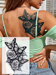 1-2周防水临时纹身贴纸，性感玫瑰、牡丹、兰花、蝴蝶、时钟多图案可选，天然植物成分，适用于手臂、大腿、胸部、背部、肩膀、锁骨等部位，适合DIY嘉年华、情人节、派对等场合。 - 藍色 - 查看 16