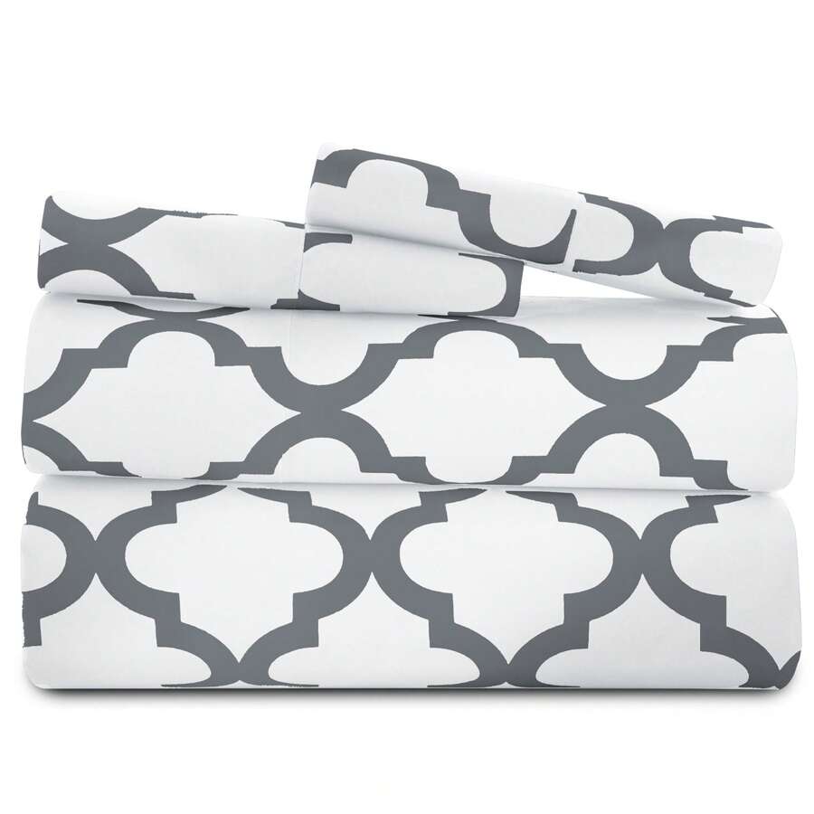 Lux Decor 4 Pieces Quatrefoil Bed Sheets - Stylish Comfy Bedding Set - Hotel Luxury Skin Friendly Cooling Sheets & Pillowcases Without Filler - Classic Collection With 16 Inches Deep Pocket - Shrinkage & Fade Resistant, Valentine's Day Bedroom, Spring Bedding Refresh, Guest Room Essentials, Dorm Room Bedding, Premium Bed Linens, Easy Care Sheets, Hypoallergenic Fabric, Year-Round Comfort, Master Bedroom Update, Matching Bedding Set, Hotel Quality Linens - 白色和灰色 - 查看 1