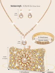 Women's Rhinestone Jewelry Set, Shiny Necklace Earrings Bracelet Set, Evening Clutch, Bridal Wedding Shiny Sunflower Crystal Glass Diamond Decor Wallet, Women's Ball Gown Bag With Detachable Metal Chain, Suitable For Wedding And Party Shoulder Bag, Women's Clutch, Women's Evening Handbag, Multifunctional Shiny Tote Bag, New Cocktail Wedding Wallet Party Bag