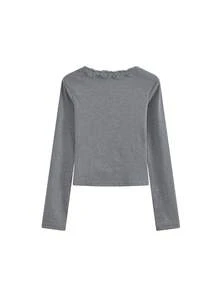 Sexy V-Neck Long Sleeve Lace Trim Fitted T-Shirt For Women, Autumn/Winter - Grey - View 4