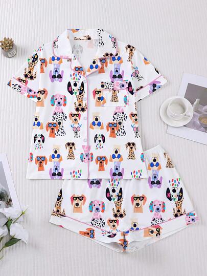 Bộ đồ ngủ nữ 2 món, áo tay ngắn in hình chó thời trang và quần short cạp chun, thích hợp cho các bữa tiệc, hoạt động ngoài trời và mặc ở nhà, mùa xuân/hè.